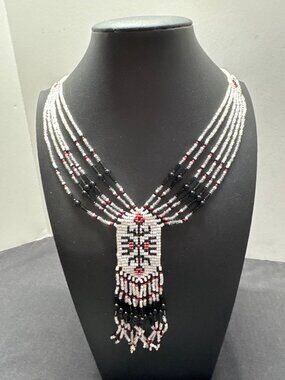 Beaded Multistrand Native-Inspired Necklace With Black Red & White Tones Lobster